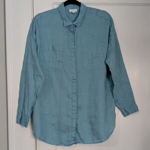J.Jill Love Linen 100% Linen Button Down Shirt Teal Size M Relaxed Fit